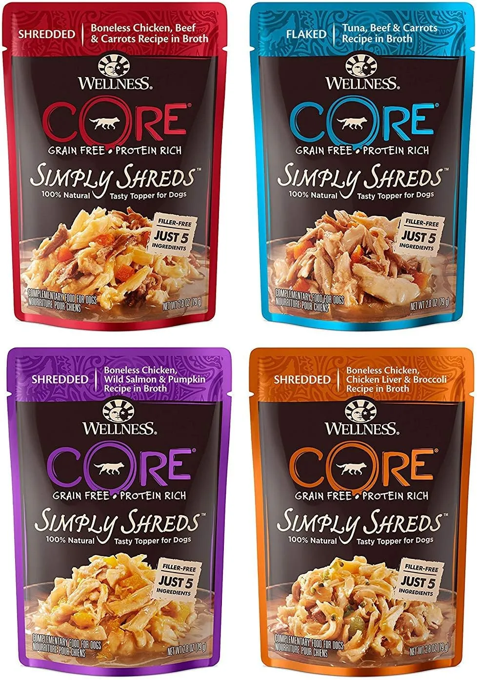 Wellness CORE Simply Shreds Natural Grain Free Wet Dog Food Toppers Variety Pack, 4 Flavors, 2.8 ounce Each (12 Total Pouches)