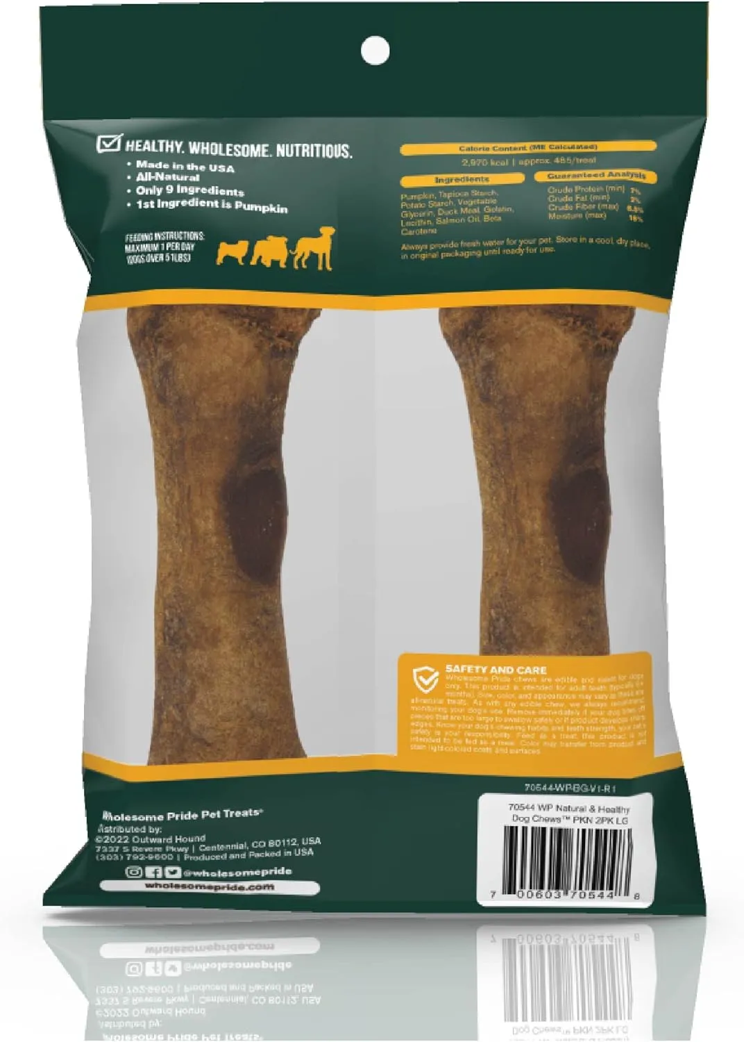 Wholesome Pride Natural & Healthy Pumpkin Highly Digestible Dog Chews, Large - 2 Pack