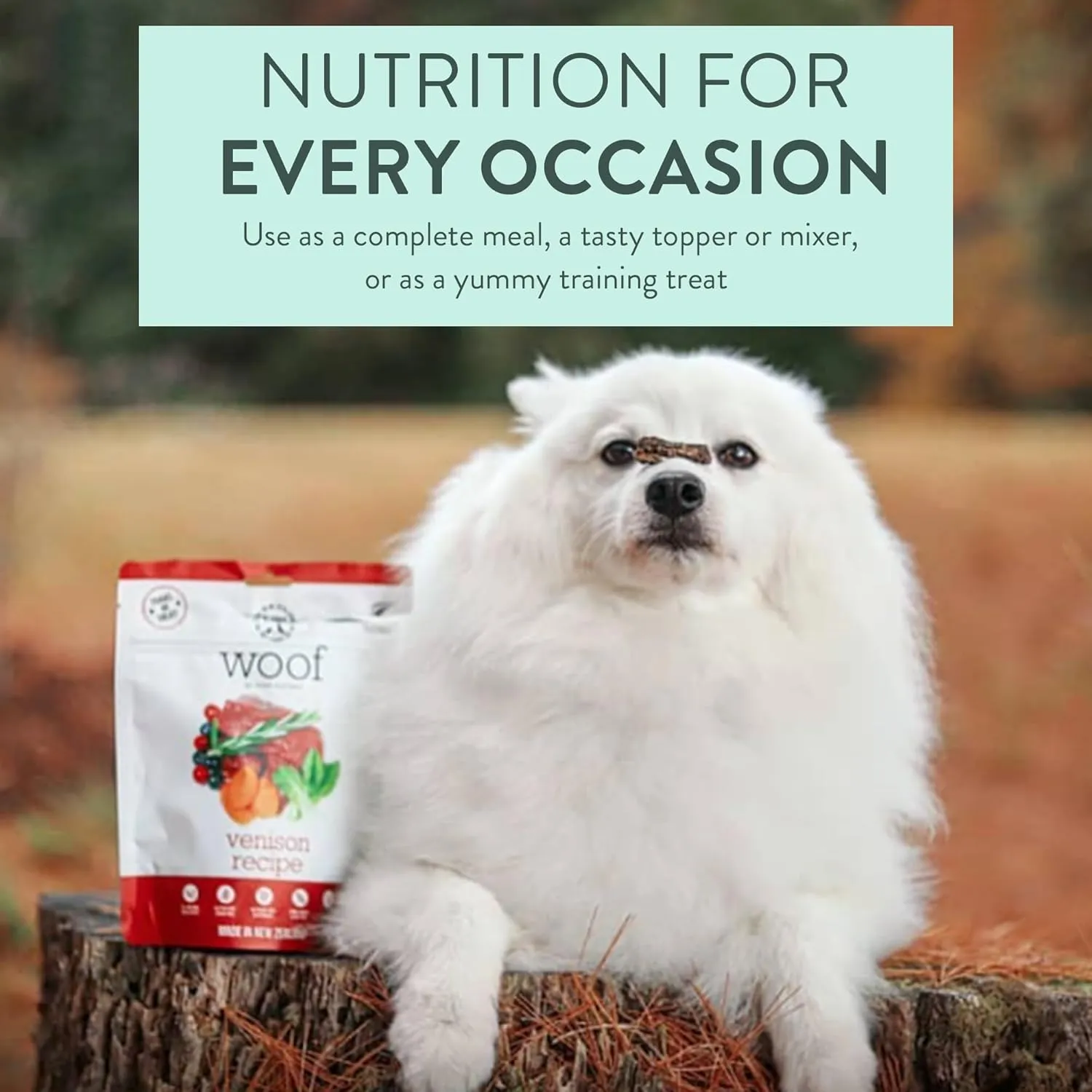 Woof - Air Dried Dog Food, Dog Food Toppers for Dry Food, High Protein, Natural Dog Food, Limited Ingredient Recipe Dry Dog Food, Wild Venison, 3.5 oz