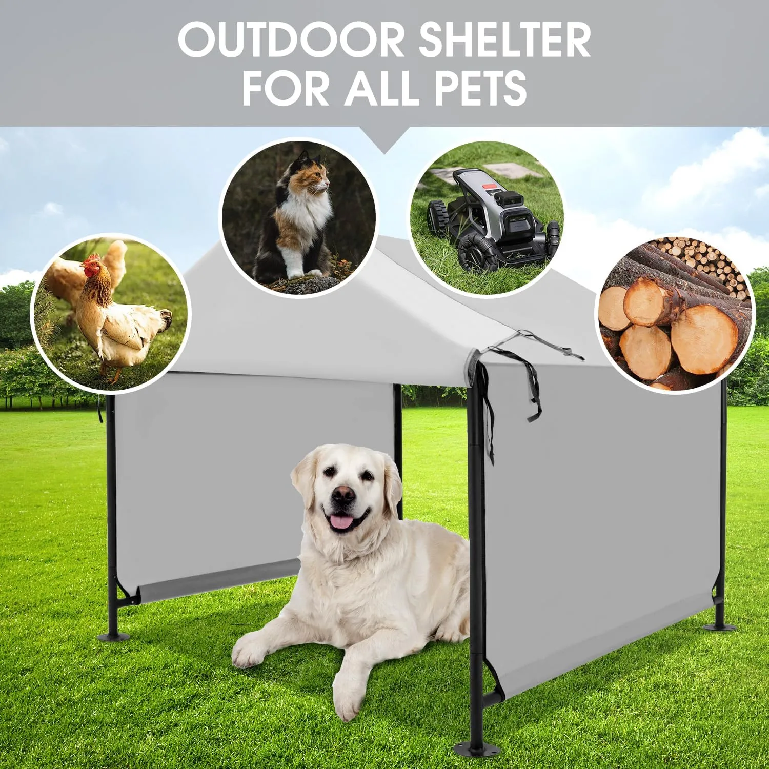 XLarge Outdoor Dog House 4'x4'x3.6' for Large Dogs, Animal Shelter with Upgraded Doors, Outside Sun Rain Canopy Pet House for Dogs, Cats, Small Animals and Livestock, Grey